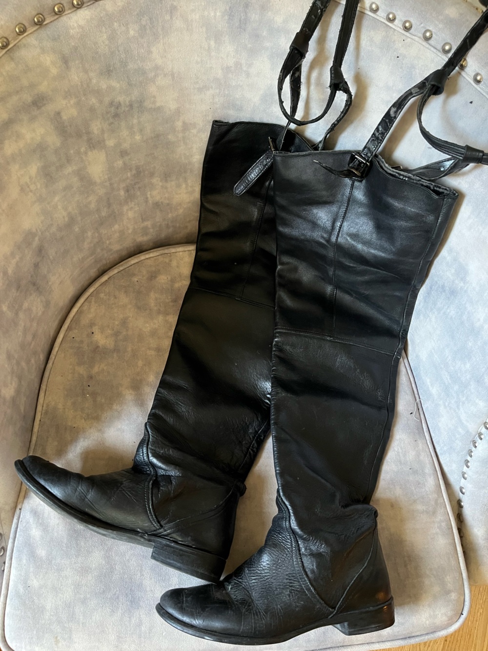 Women’s Black Italian Genuine Leather Over The Knee Boots With Garter Belt 7
